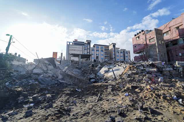 General view of destroyed buildings after an Israeli airstrike in Gaza