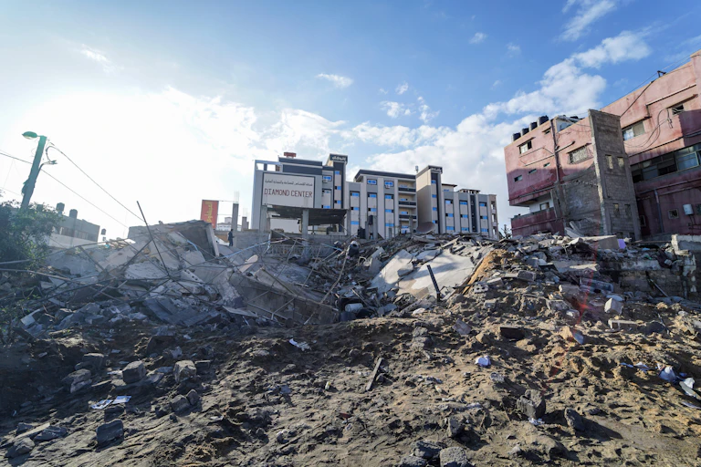 General view of destroyed buildings after an Israeli airstrike in Gaza