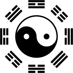 Un círculo blanco y negro en el que el blanco tiene un punto negro y viceversa, rodeado de ocho grupos de líneas con diferentes diseños.