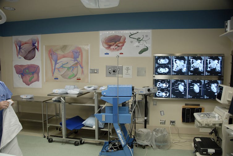 Parete della sala operatoria con illustrazioni mediche e immagini degli organi interni di gemelli siamesi