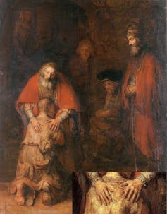 Peinture du Retour du fils prodigue, de Rembrandt, avec un détail des mains