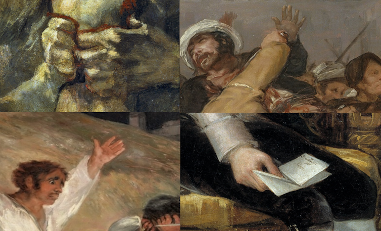 Les mains de Goya. De droite à gauche, de haut en bas : Saturne dévorant son fils, Le 2 mai 1808 à Madrid, Le peloton d’exécution et le Portrait de Gaspar Melchor de Jovellanos