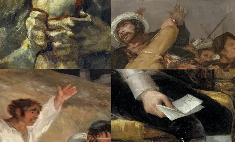Les mains de Goya. De droite à gauche, de haut en bas : Saturne dévorant son fils, Le 2 mai 1808 à Madrid, Le peloton d’exécution et le Portrait de Gaspar Melchor de Jovellanos