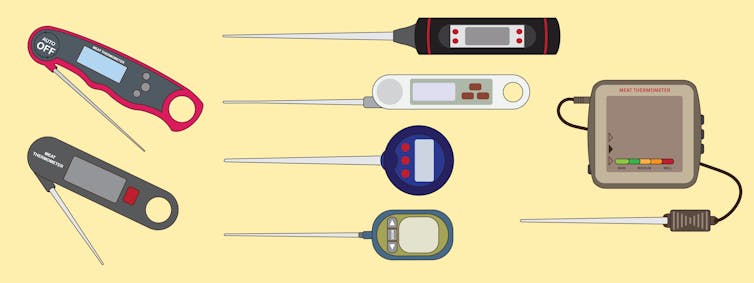 Illustration of a variety of food thermometers