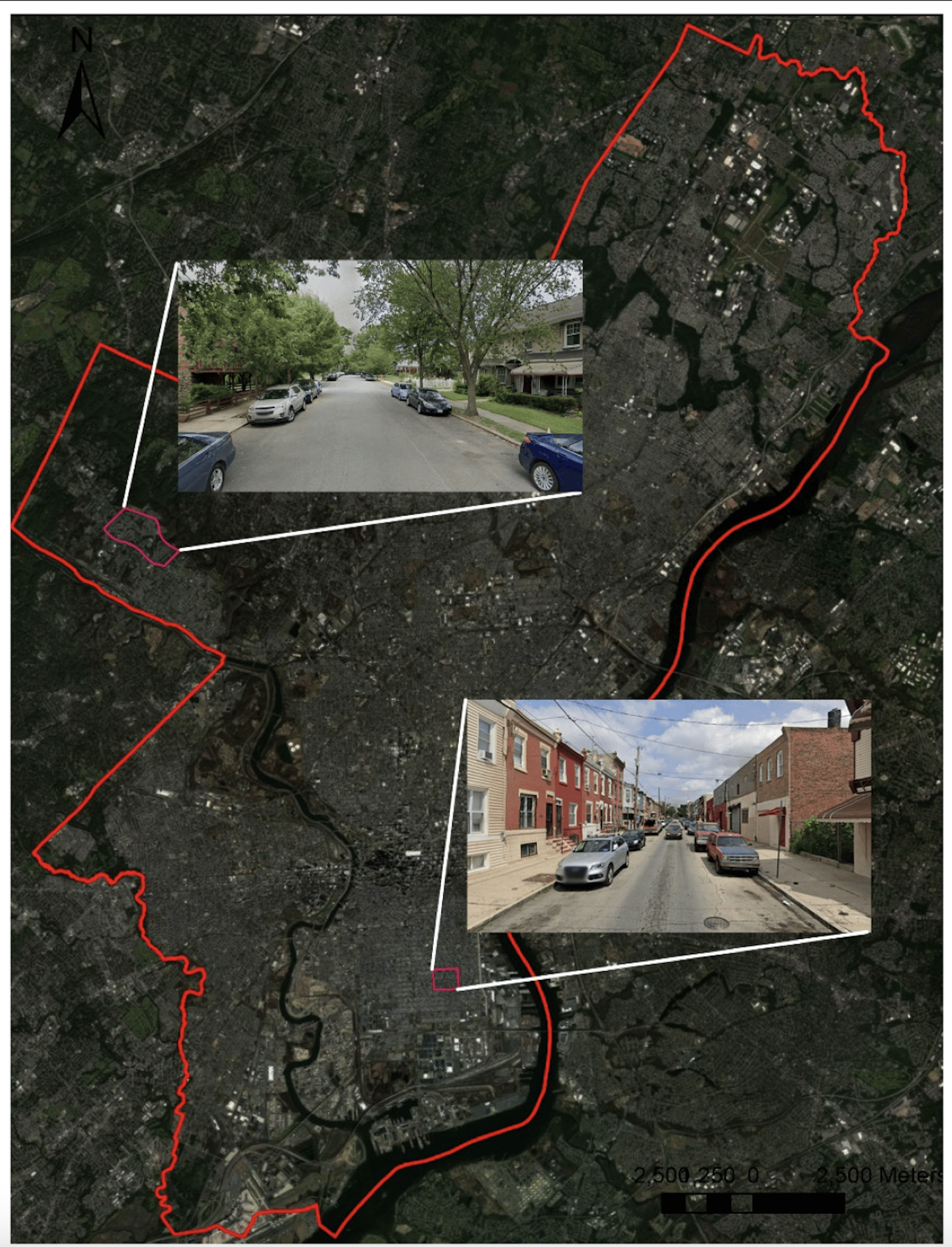 Two photos are inset on a map of Philadelphia. On the top left is a green neighbor with a wide street with parked cars. The lower photo shows brick townhouses set on a narrower street.