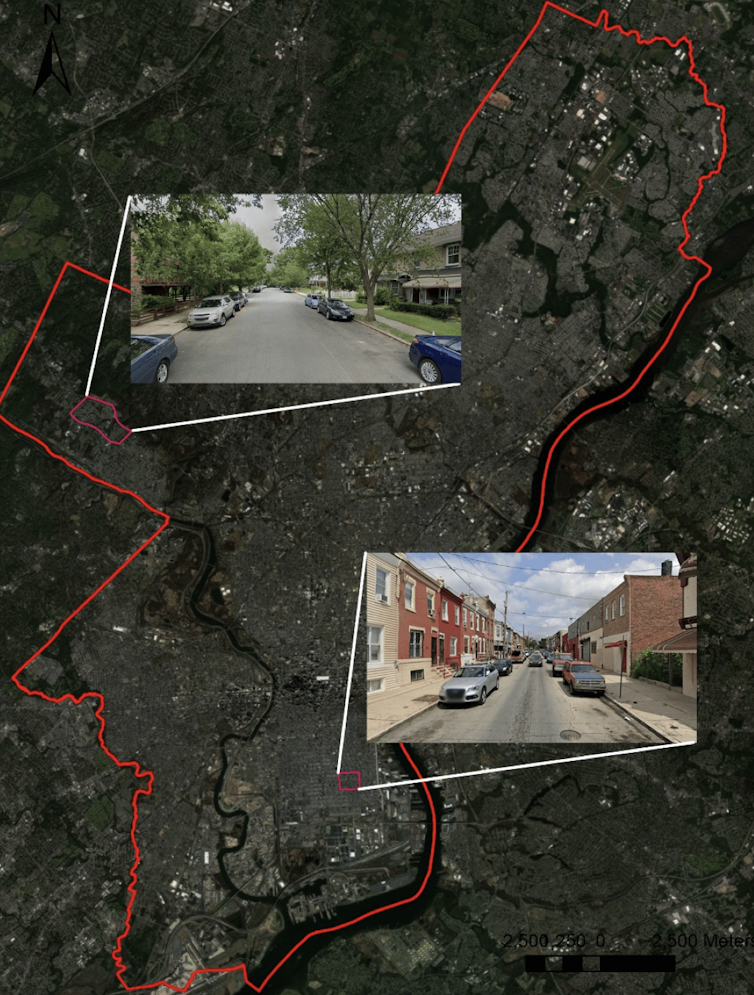 Two photos are inset on a map of Philadelphia. On the top left is a green neighbor with a wide street with parked cars. The lower photo shows brick townhouses set on a narrower street.