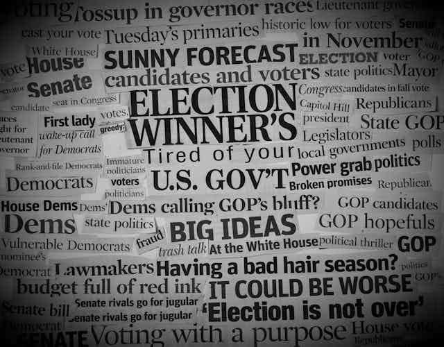 A collage of election-related newspaper headlines.
