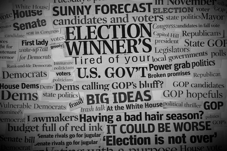 A collage of election-related newspaper headlines.