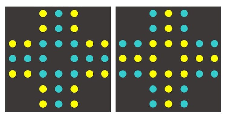 Two images containing a cross shape made up of yellow and blue dots