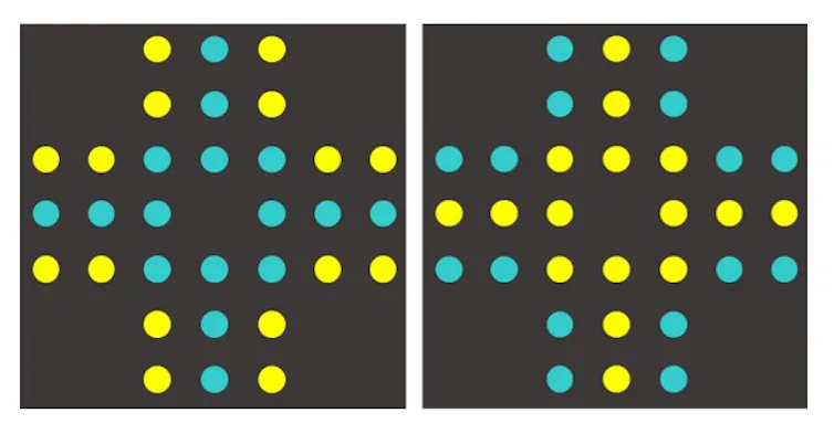 Two images containing a cross shape made up of yellow and blue dots