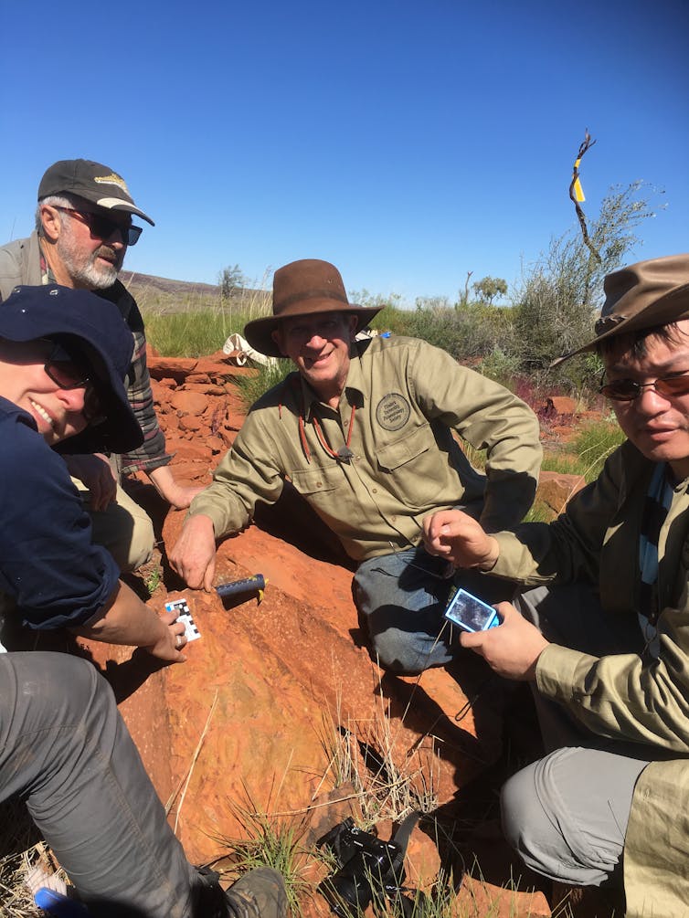 The moment of discovery when we found a complete fossil of Harajicadectes in 2016. Flinders University palaeontologists John Long (centre), Brian Choo (right) and Alice Clement (left) with ANU palaeontologist Gavin Young (top left). Author provided