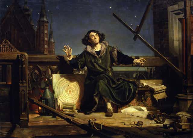 A painting of a man in a robe outdoors looking at the sky.