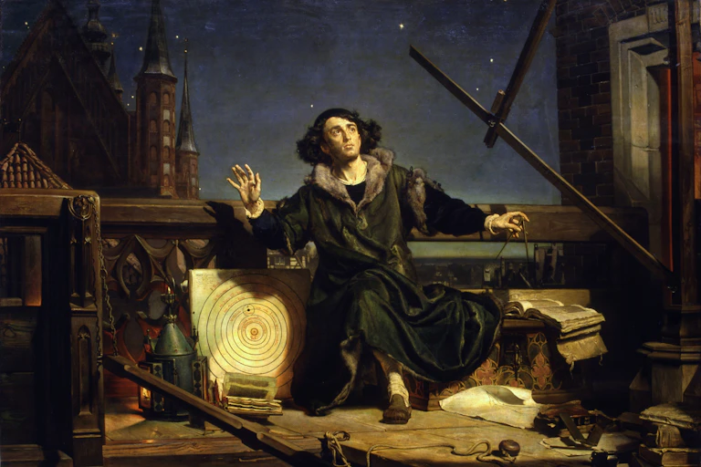 A painting of a man in a robe outdoors looking at the sky.