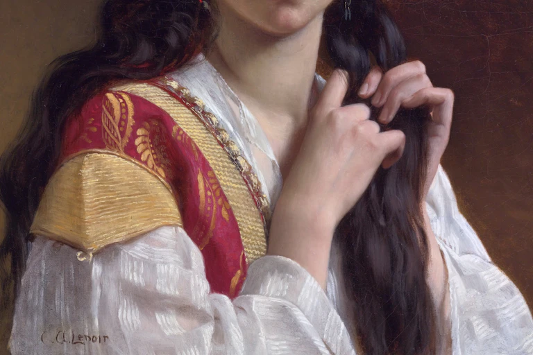 Pintura de una mujer de pelo largo que se hace una trenza con las manos.