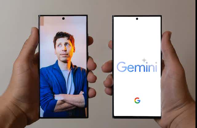 Image of two phones, one with a picture of Google CEO Sundar Pichai and one showing Gemini's logo.