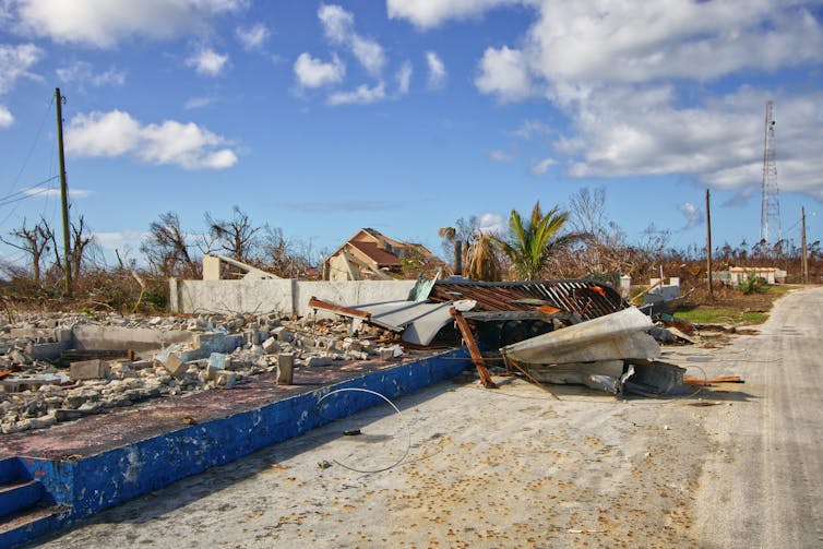 A street of houses in ruin.