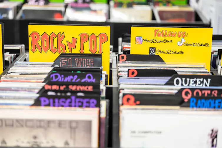 A stand full of vinyl records in a record shop.