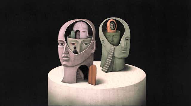 a surrealist illustration of two heads with doorways and stairs and other heads inside them