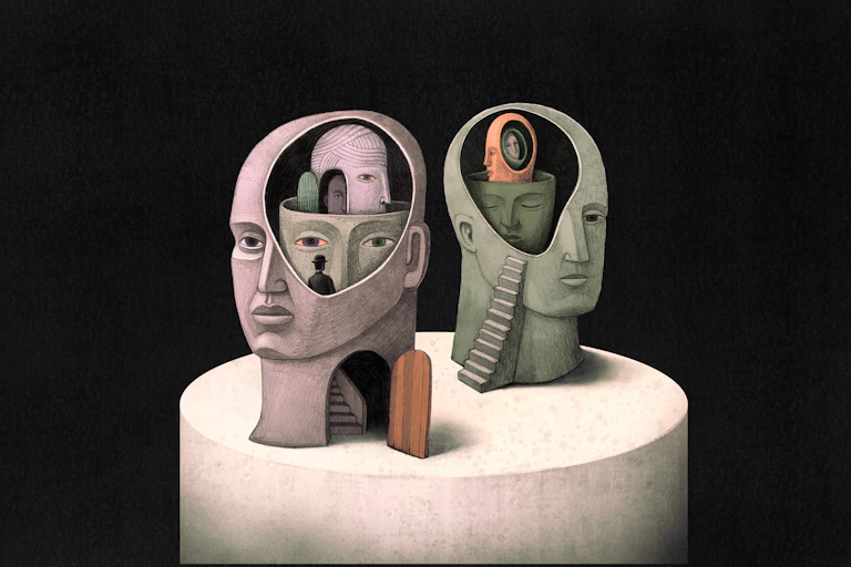 a surrealist illustration of two heads with doorways and stairs and other heads inside them