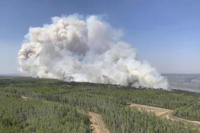 Smoke rises from a forested area intersected with dirt roads.