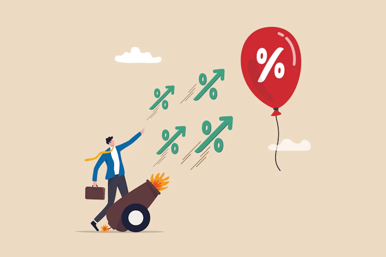 Illustration of person in suit with canon shooting green percentage signs at a red balloon with a white percentage sign.