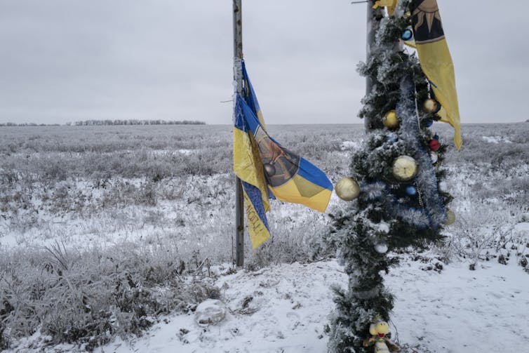 A blue and yellow flag flutters on a short flagpole on a snow-covered field, next to a thin tree decorated with a few ornaments.