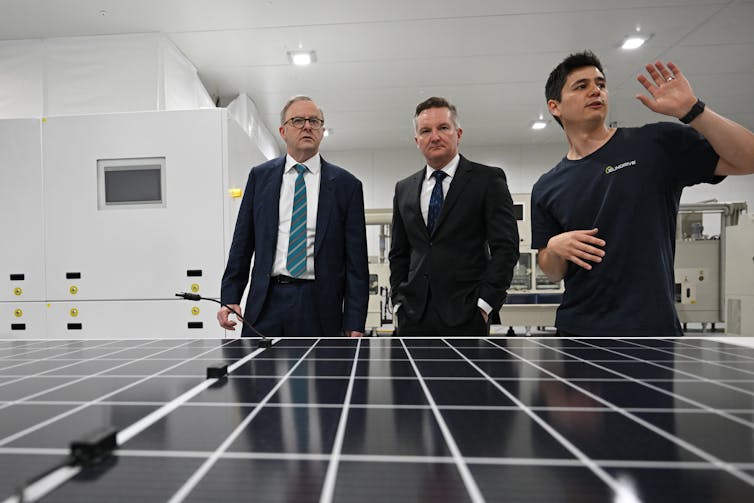 Prime Minister Anthony Albanese and Energy Minister Chris Bowen visit Sydney company SunDrive, Australia’s first mass production facility for solar panels, in November 2023..