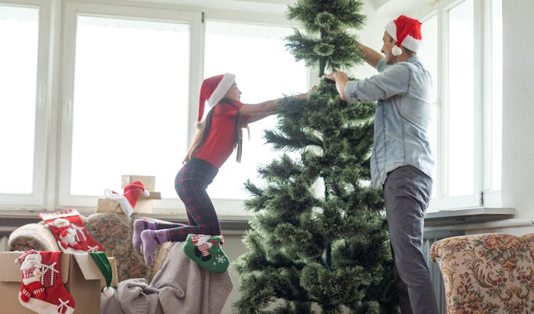 A father and daughter wearing santa hats put up their artificial Christmas tree.