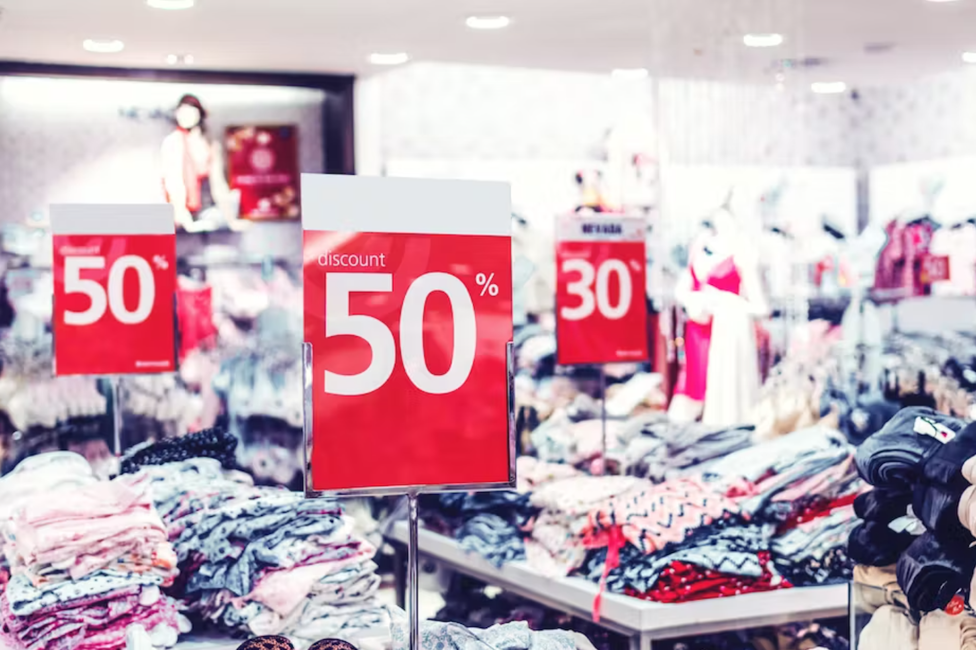 Panneaux promotionnels dans un magasin de vêtements