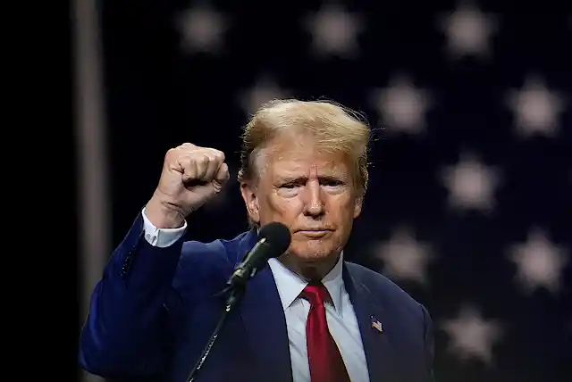 A man stands with a raised fist.