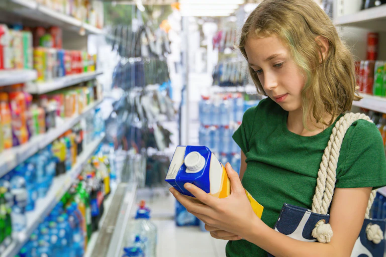 Une jeune fille lit l'étiquetage d'une brique de jus dans un supermarché.