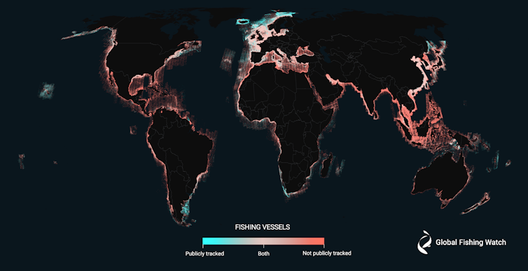 A world map shows large areas where industrial fishing activity is not publicly tracked or recorded.