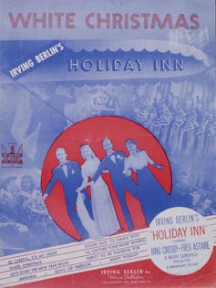 Red and blue cover for sheet music featuring photographs of two smiling young men and two smiling young women.
