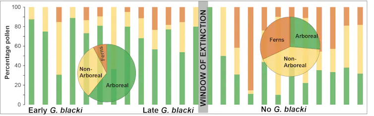 A graph showing more arboreal plants and fewer ferns before the window of extinction, and a more even spread of plants afterward