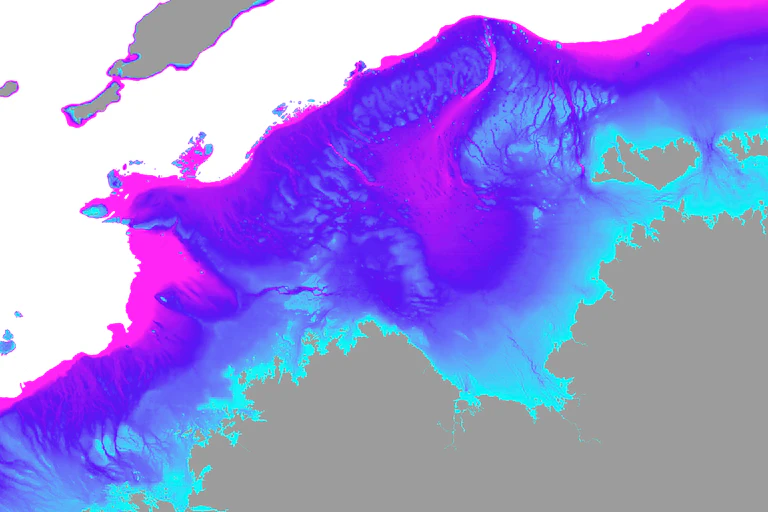 A projection of a landscape underwater in teal and blue colours