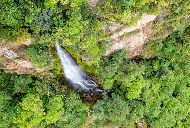 Aerial view of a waterfall in the valley of Vilcabamba, Ecuador, where an historic lawsuit was won by a river in 2011.
