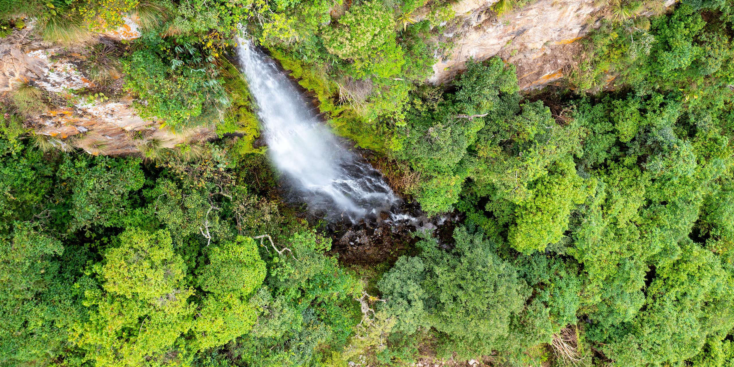 Aerial view of a waterfall in the valley of Vilcabamba, Ecuador, where an historic lawsuit was won by a river in 2011.
