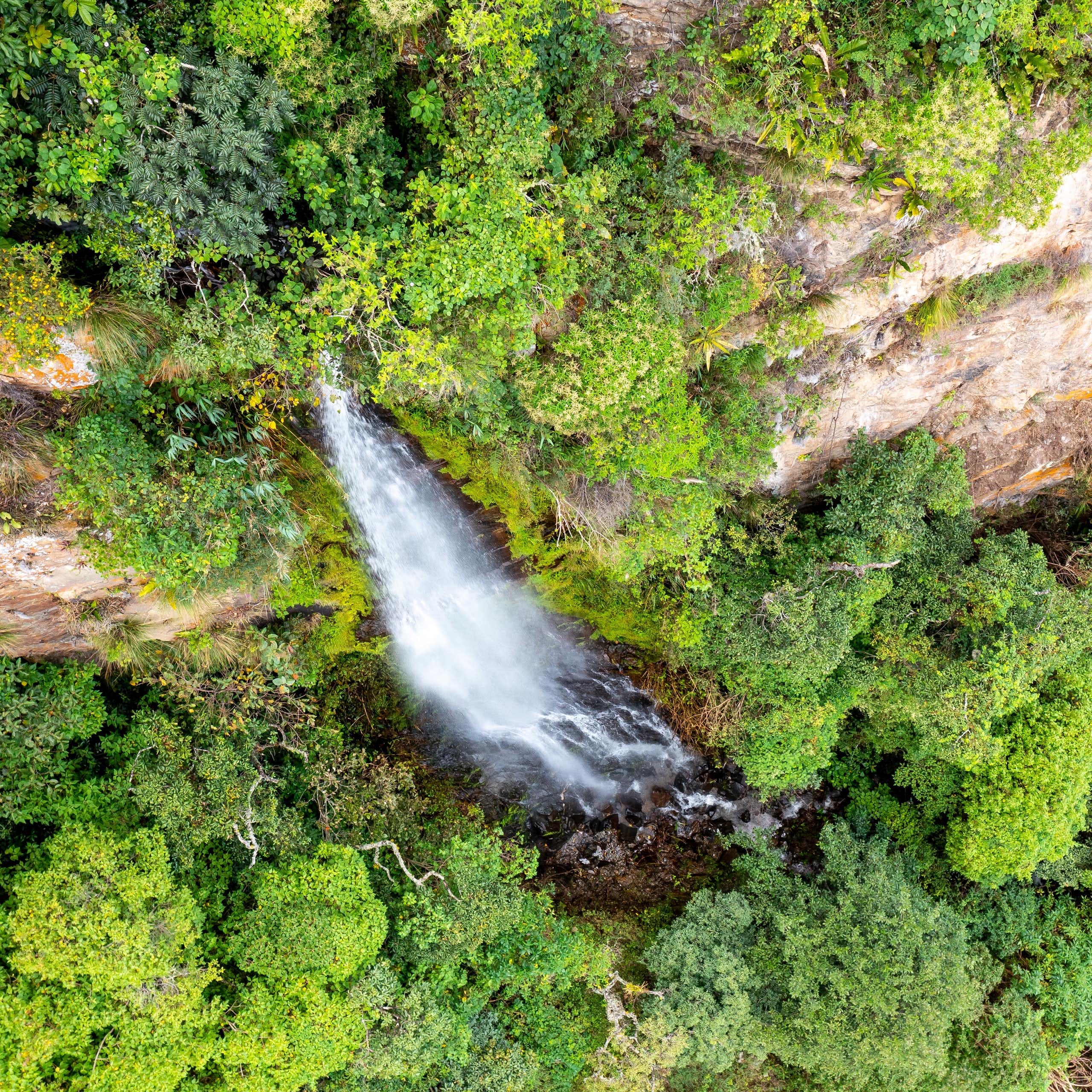 Aerial view of a waterfall in the valley of Vilcabamba, Ecuador, where an historic lawsuit was won by a river in 2011.