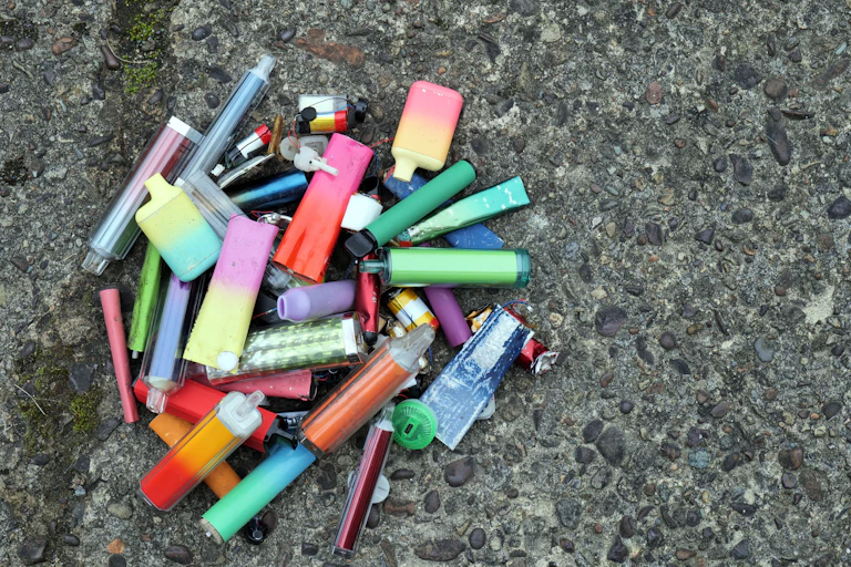 Collection of disposable vapes on the ground