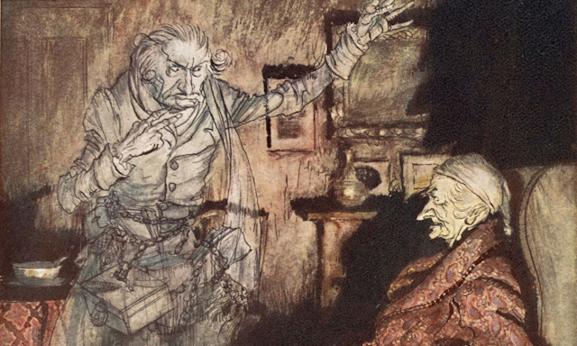 Illustration of Scrooge and the ghost of Jacob Marley. 