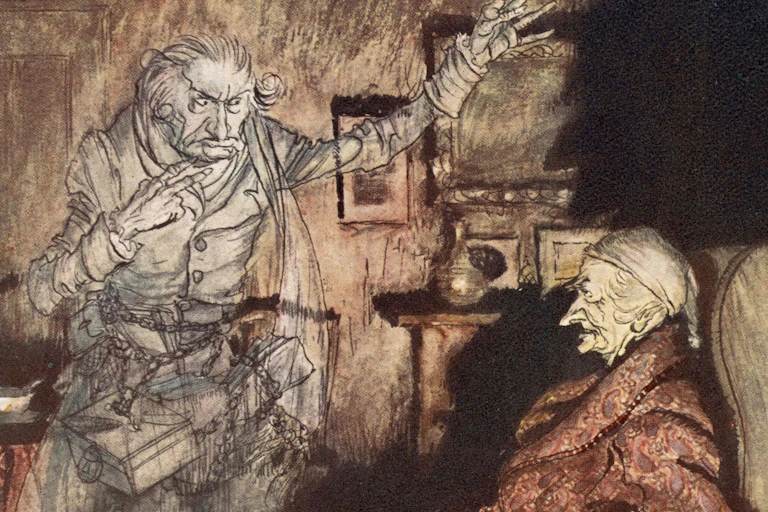 Illustration of Scrooge and the ghost of Jacob Marley.