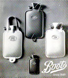 Black and white collection of Boots stocked hot water bottles from 1923