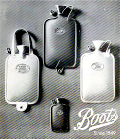 Black and white collection of Boots stocked hot water bottles from 1923