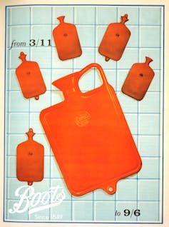 The Regaid red hot water bottle stocked by Boots in 1926 at various price points.