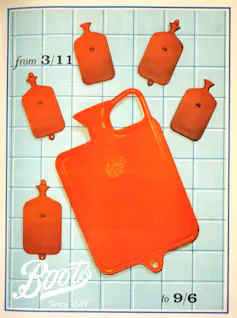 The Regaid red hot water bottle stocked by Boots in 1926 at various price points.