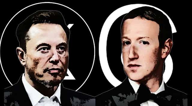 Portraits of Elon Musk and Mark Zuckerberg. 