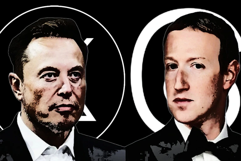 Portraits of Elon Musk and Mark Zuckerberg.