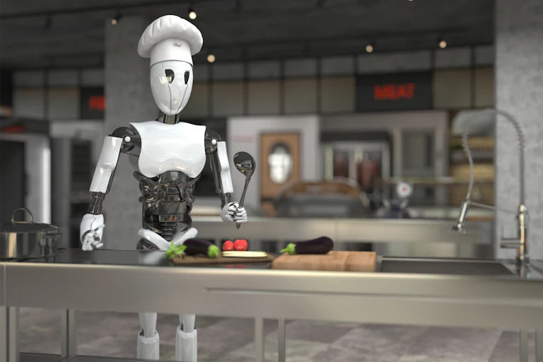 A robot wearing a chef hat stands in front of a stainless-steel counter holding a ladle.