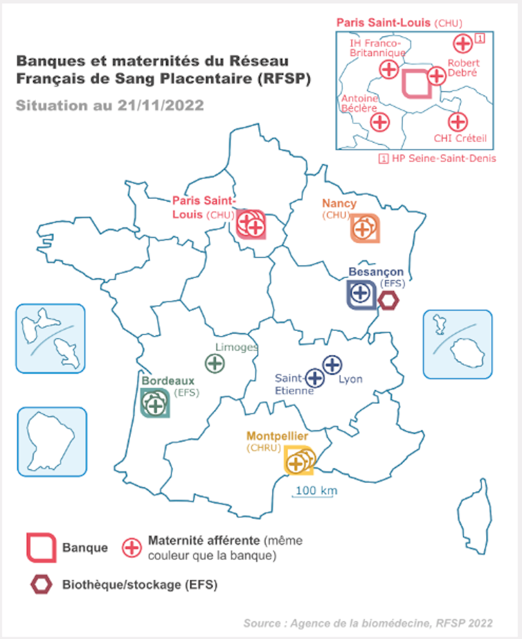 Schéma d’une carte de France sur laquelle figurent les banques et maternités du Réseau Français de Sang Placentaire (RFSP) en 2022