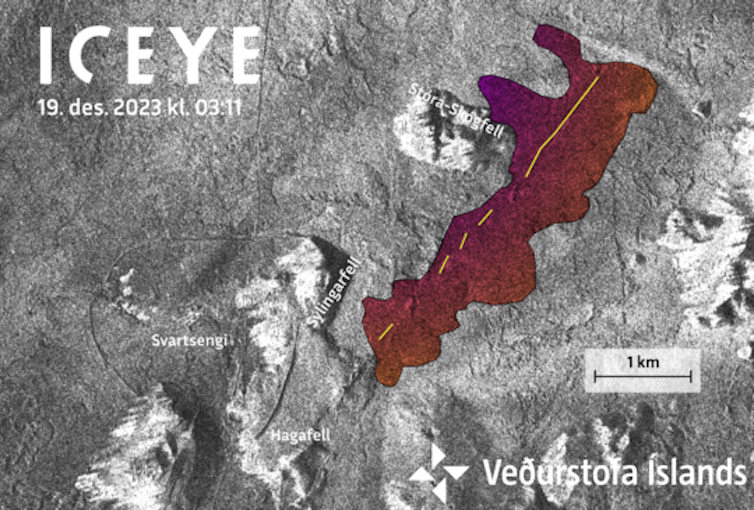 A satellite image showing the lava spreading along the line